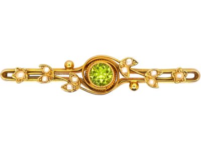 Edwardian 15ct Gold Brooch set with a Peridot & Natural Split Pearls