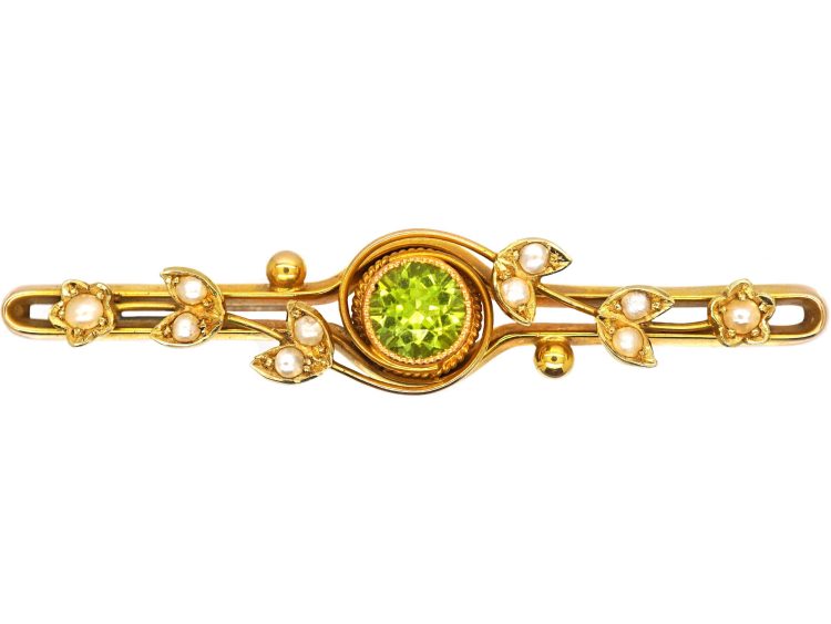 Edwardian 15ct Gold Brooch set with a Peridot & Natural Split Pearls