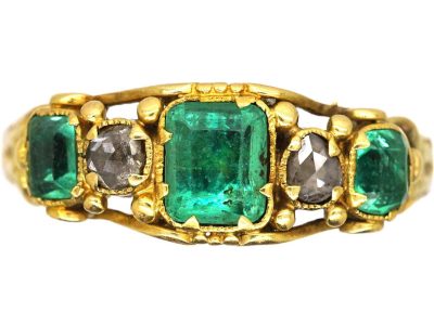 Early Victorian 15ct Gold, Three Stone Emerald & Rose Diamond Ring