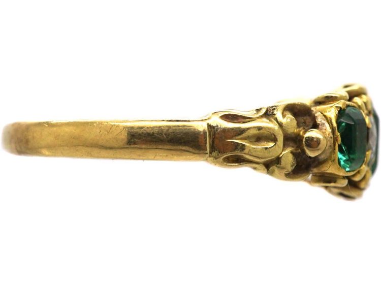 Early Victorian 15ct Gold, Three Stone Emerald & Rose Diamond Ring