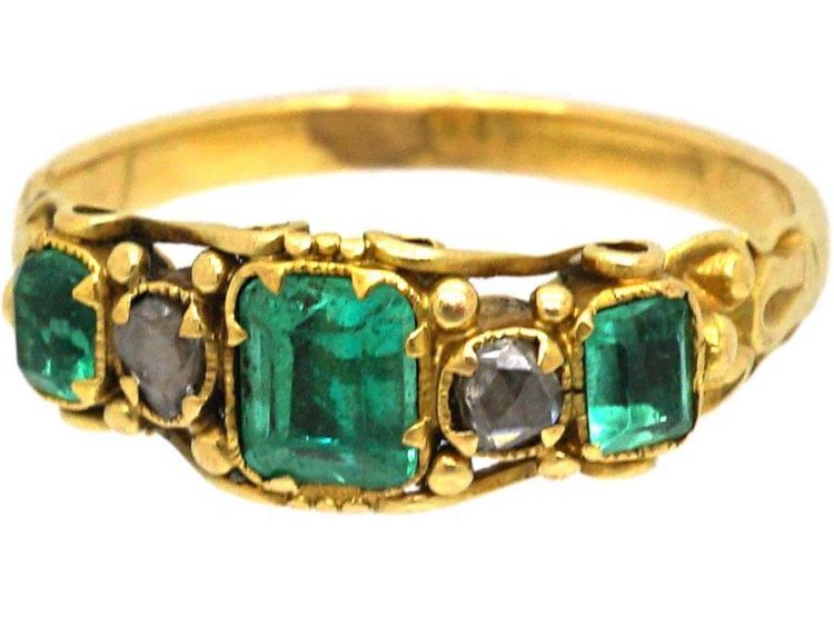Early Victorian 15ct Gold, Three Stone Emerald & Rose Diamond Ring