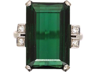 Art Deco Platinum, Green Tourmaline Ring with Diamond Set Shoulders