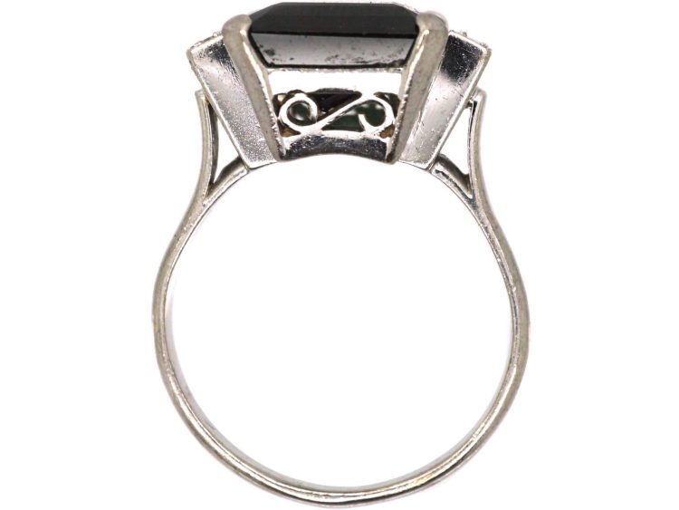 Art Deco Platinum, Green Tourmaline Ring with Diamond Set Shoulders