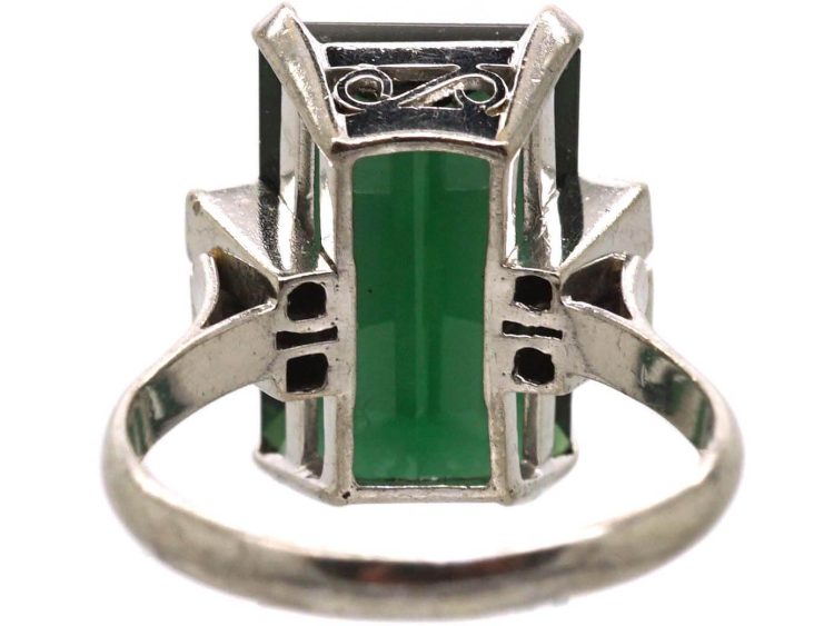 Art Deco Platinum, Green Tourmaline Ring with Diamond Set Shoulders