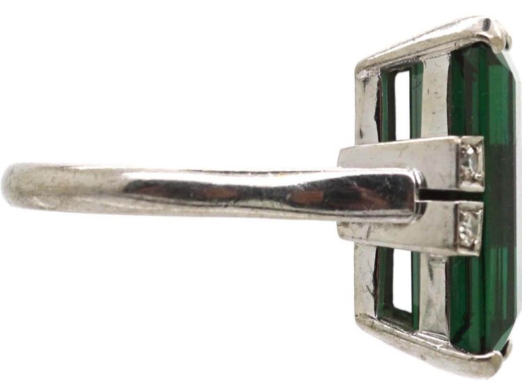 Art Deco Platinum, Green Tourmaline Ring with Diamond Set Shoulders