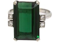Art Deco Platinum, Green Tourmaline Ring with Diamond Set Shoulders