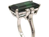 Art Deco Platinum, Green Tourmaline Ring with Diamond Set Shoulders