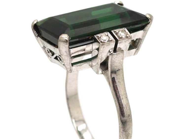 Art Deco Platinum, Green Tourmaline Ring with Diamond Set Shoulders
