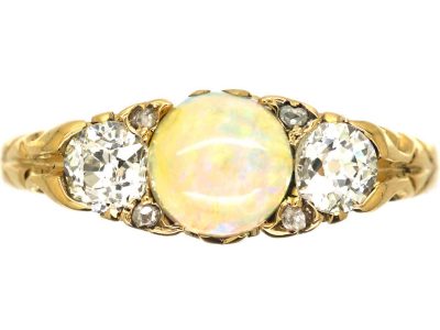 Victorian 18ct Gold, Opal & Diamond Three Stone Carved Half Hoop Ring