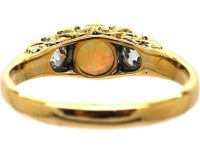 Victorian 18ct Gold, Opal & Diamond Three Stone Carved Half Hoop Ring