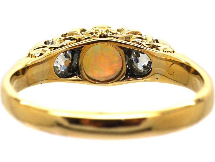 Victorian 18ct Gold, Opal & Diamond Three Stone Carved Half Hoop Ring