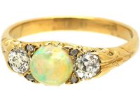 Victorian 18ct Gold, Opal & Diamond Three Stone Carved Half Hoop Ring
