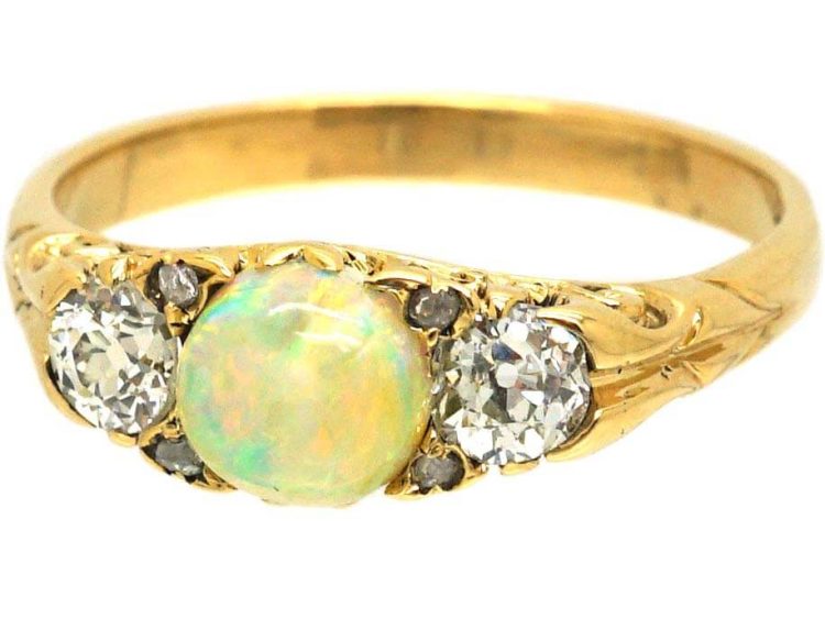 Victorian 18ct Gold, Opal & Diamond Three Stone Carved Half Hoop Ring
