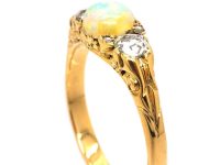 Victorian 18ct Gold, Opal & Diamond Three Stone Carved Half Hoop Ring
