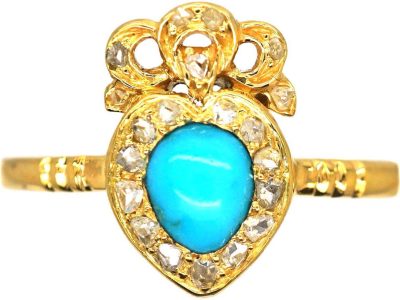 Victorian 18ct Gold Heart Shaped Ring set with a Turquoise & Rose Diamonds