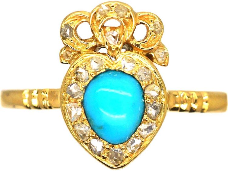 Victorian 18ct Gold Heart Shaped Ring set with a Turquoise & Rose Diamonds