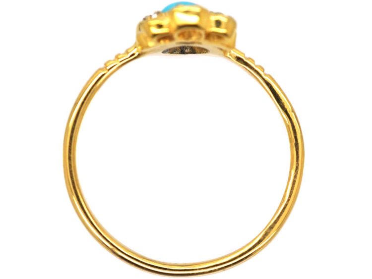 Victorian 18ct Gold Heart Shaped Ring set with a Turquoise & Rose Diamonds