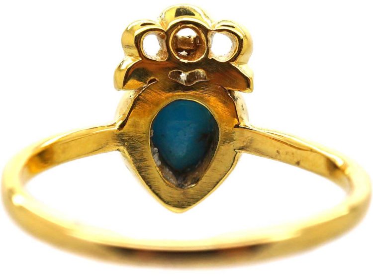 Victorian 18ct Gold Heart Shaped Ring set with a Turquoise & Rose Diamonds