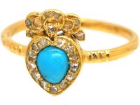 Victorian 18ct Gold Heart Shaped Ring set with a Turquoise & Rose Diamonds