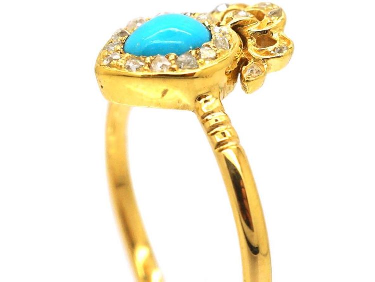 Victorian 18ct Gold Heart Shaped Ring set with a Turquoise & Rose Diamonds