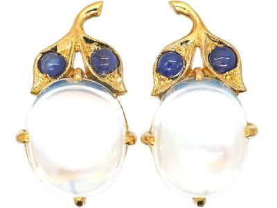 Edwardian 15ct Gold Moonstone & Cabochon Sapphire Earrings