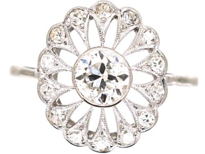 Edwardian 18ct White Gold & Platinum Oval Diamond Starburst Ring