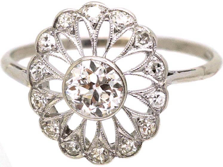 Edwardian 18ct White Gold & Platinum Oval Diamond Starburst Ring