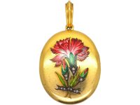 Victorian 18ct Gold Oval Locket with Enamelled Flower with Rose Diamond Detail