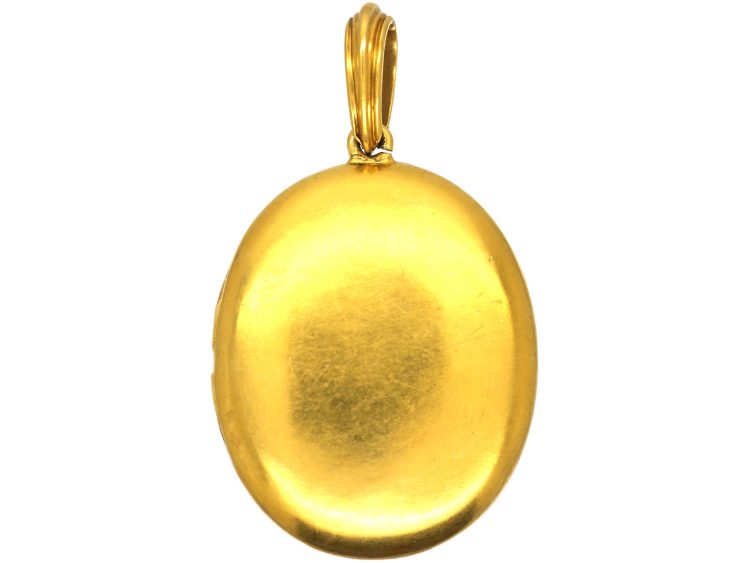 Victorian 18ct Gold Oval Locket with Enamelled Flower with Rose Diamond Detail