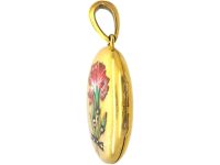 Victorian 18ct Gold Oval Locket with Enamelled Flower with Rose Diamond Detail