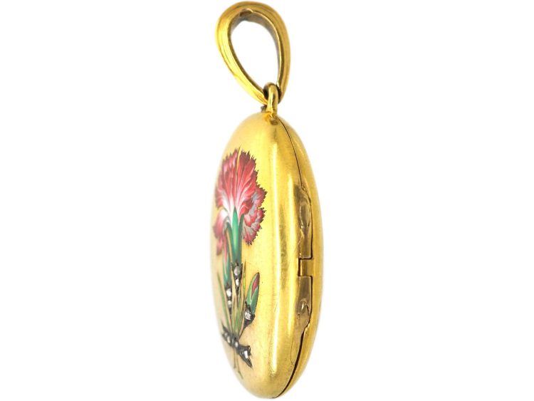 Victorian 18ct Gold Oval Locket with Enamelled Flower with Rose Diamond Detail