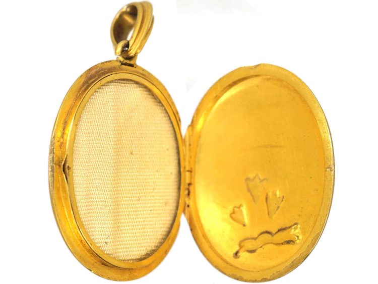 Victorian 18ct Gold Oval Locket with Enamelled Flower with Rose Diamond Detail