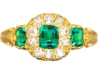 Early Victorian 18ct Gold Three Stone Emerald & Diamond Ring with Engraved Detail