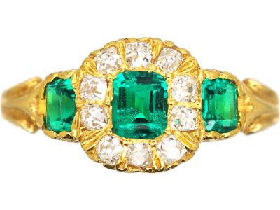 Early Victorian 18ct Gold Three Stone Emerald & Diamond Ring with Engraved Detail