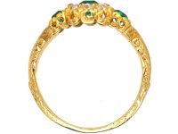 Early Victorian 18ct Gold Three Stone Emerald & Diamond Ring with Engraved Detail