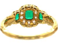 Early Victorian 18ct Gold Three Stone Emerald & Diamond Ring with Engraved Detail