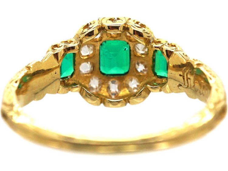 Early Victorian 18ct Gold Three Stone Emerald & Diamond Ring with Engraved Detail