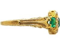 Early Victorian 18ct Gold Three Stone Emerald & Diamond Ring with Engraved Detail
