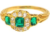 Early Victorian 18ct Gold Three Stone Emerald & Diamond Ring with Engraved Detail