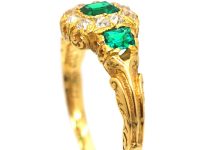Early Victorian 18ct Gold Three Stone Emerald & Diamond Ring with Engraved Detail