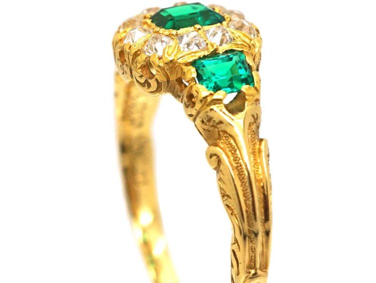 Early Victorian 18ct Gold Three Stone Emerald & Diamond Ring with Engraved Detail