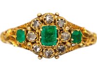 Early Victorian 15ct Gold, Three Stone Emerald & Rose Diamond Cluster Ring