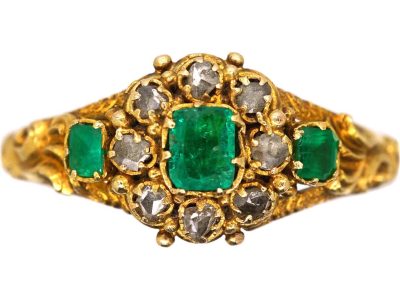 Early Victorian 15ct Gold, Three Stone Emerald & Rose Diamond Cluster Ring