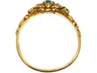 Early Victorian 15ct Gold, Three Stone Emerald & Rose Diamond Cluster Ring