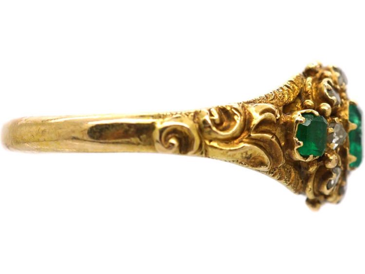 Early Victorian 15ct Gold, Three Stone Emerald & Rose Diamond Cluster Ring