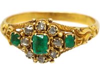 Early Victorian 15ct Gold, Three Stone Emerald & Rose Diamond Cluster Ring