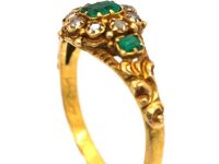 Early Victorian 15ct Gold, Three Stone Emerald & Rose Diamond Cluster Ring