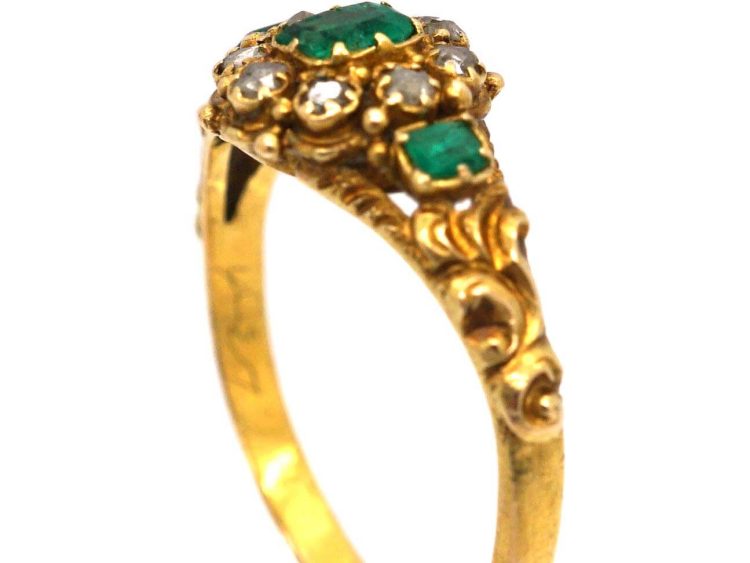 Early Victorian 15ct Gold, Three Stone Emerald & Rose Diamond Cluster Ring