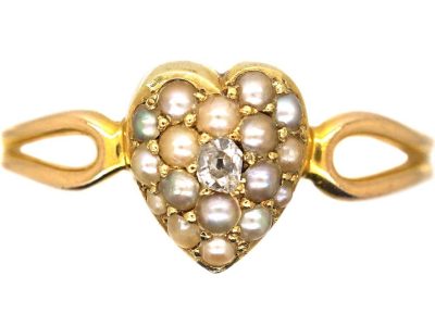 Edwardian 15ct Gold Heart Shaped Ring set with a Diamond & Natural Split Pearls
