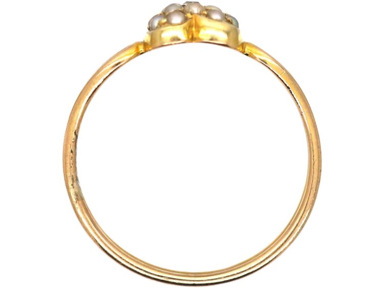 Edwardian 15ct Gold Heart Shaped Ring set with a Diamond & Natural Split Pearls